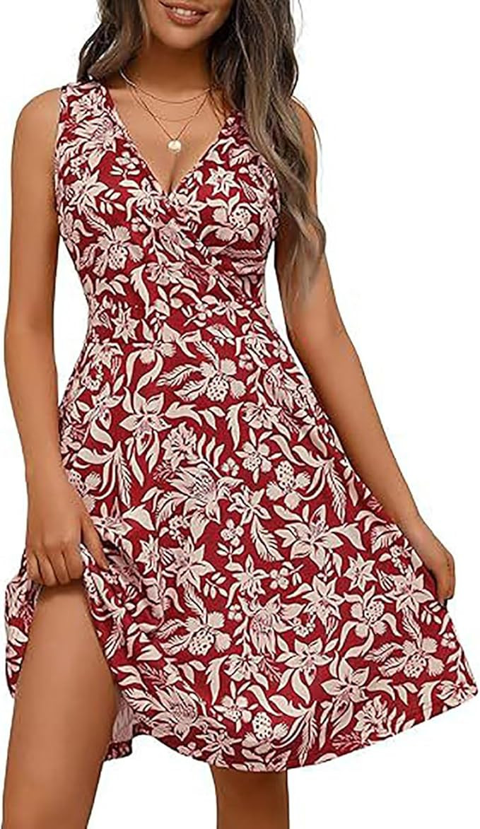 Casual Summer Dresses for Women Floral Printed V Neck Sleeveless Wrap Mini Dress Trendy Breathabl... | Amazon (US)