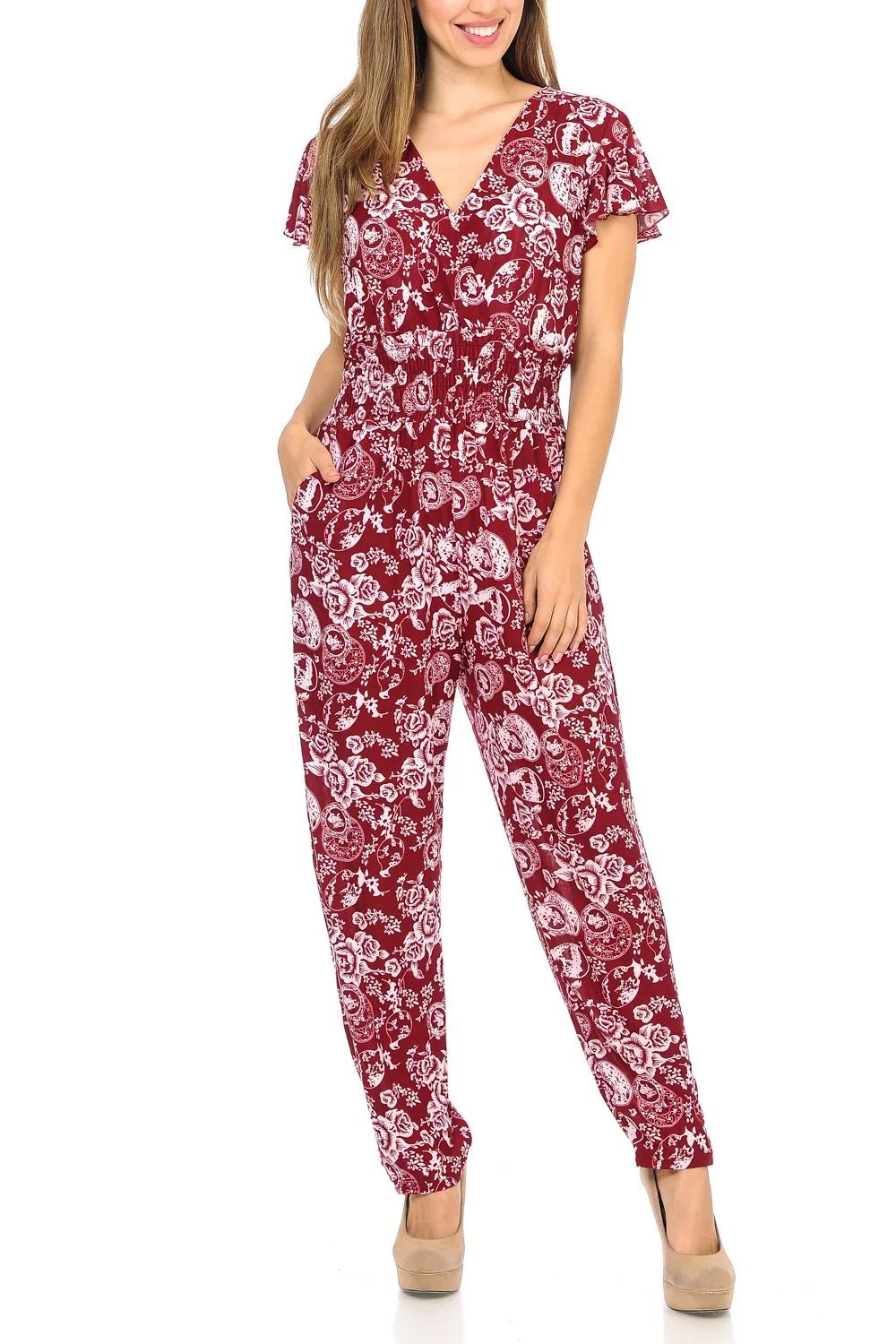 Auliné Collection Womens Short Cap Sleeve V-Neck Long Pants Romper Jumpsuit - Red Toile Floral S... | Walmart (US)