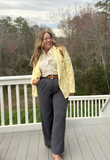 I am Loving this pale yellow striped button up. It is the perfect summer color that will look great with denim shorts and beautiful with white jeans. The fabric is so lightweight and perfect for Spring. 

I paired it with my pale yellow blazer (trending color to use instead of tan)  and my gray slouchy trousers. 

#LTKworkwear #LTKfindsunder50 #LTKstyletip