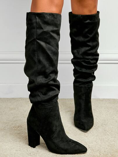 Suede Point Toe Chunky Heeled Slouchy Boots | SHEIN