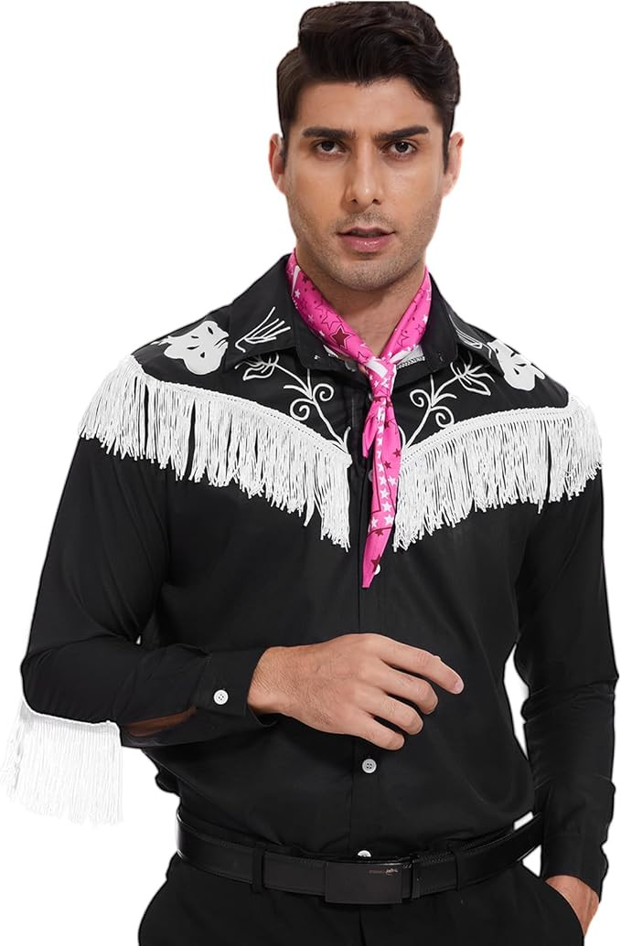 Men Cowboy Costume with Scarf Western Long Sleeve Fringe Shirt for Adult Halloween Cosplay Costum... | Amazon (US)