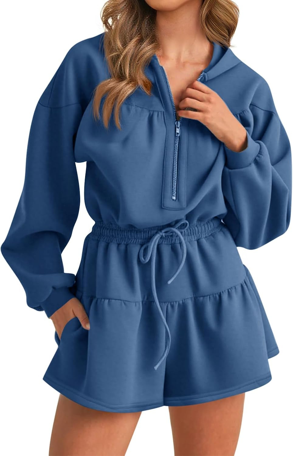Cicy Bell Womens Rompers Casual One Piece Outfits Half Zip Long Sleeve Hoodies Casual Shorts Drawstring Waist Jumpsuits | Amazon (US)