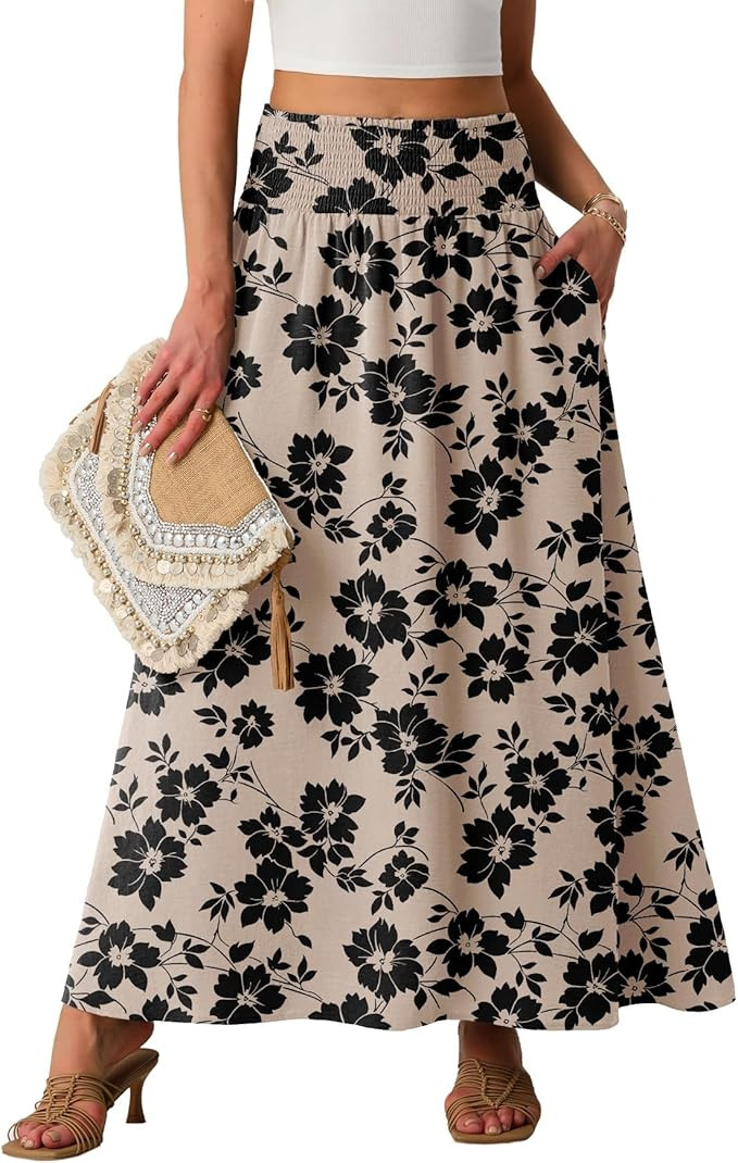 Lepunuo Maxi Skirts for Women Smocked Elastic High Waisted Casual Boho Swing Pleated Beach Long S... | Amazon (US)