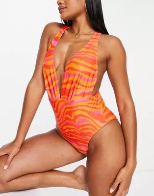 Urban Threads plunge cross back swimsuit in orange and pink print | ASOS (Global)