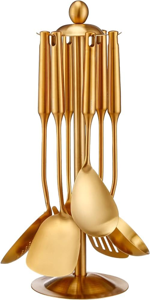 Gold Kitchen Utensils Set with Stand – 7 Piece 304 Stainless Steel Brass Cooking Tools with Rot... | Amazon (US)
