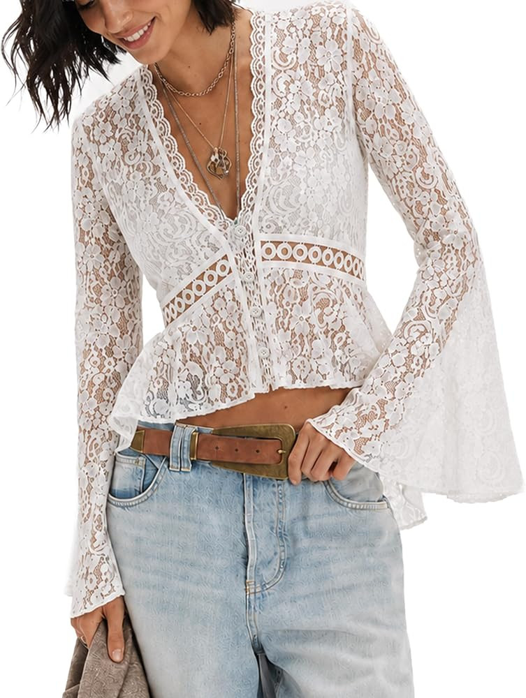 Bell Sleeve Tops for Women Ruffle Trim Lace Sheer Mesh Sexy Top Y2k Blouses | Amazon (US)