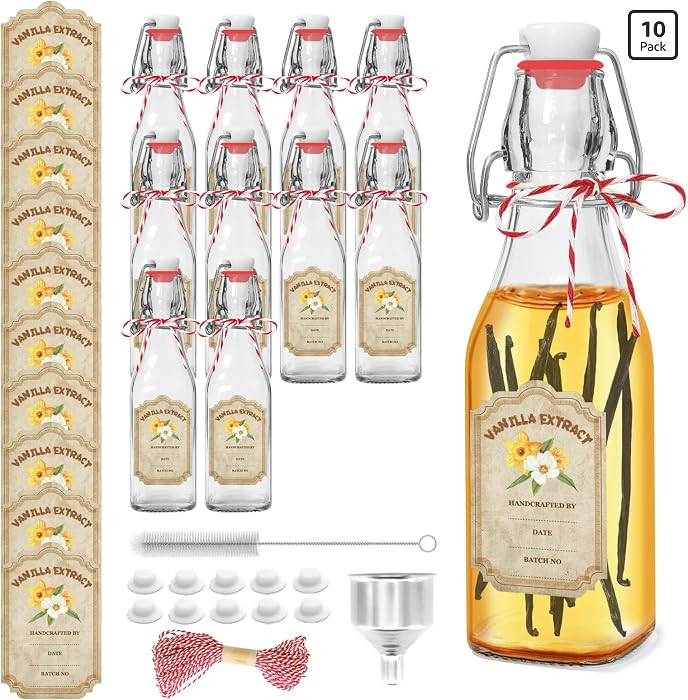 10 Pack Swing Top Glass Vanilla Extract Bottles 8 oz with Lids, Vanilla Extract Labels and Funnel... | Amazon (US)