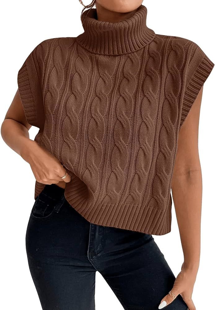 SweatyRocks Women's Casual Sleeveless Turtle Neck Sweater Vest Cable Knitted Solid Crop Tank Top | Amazon (US)