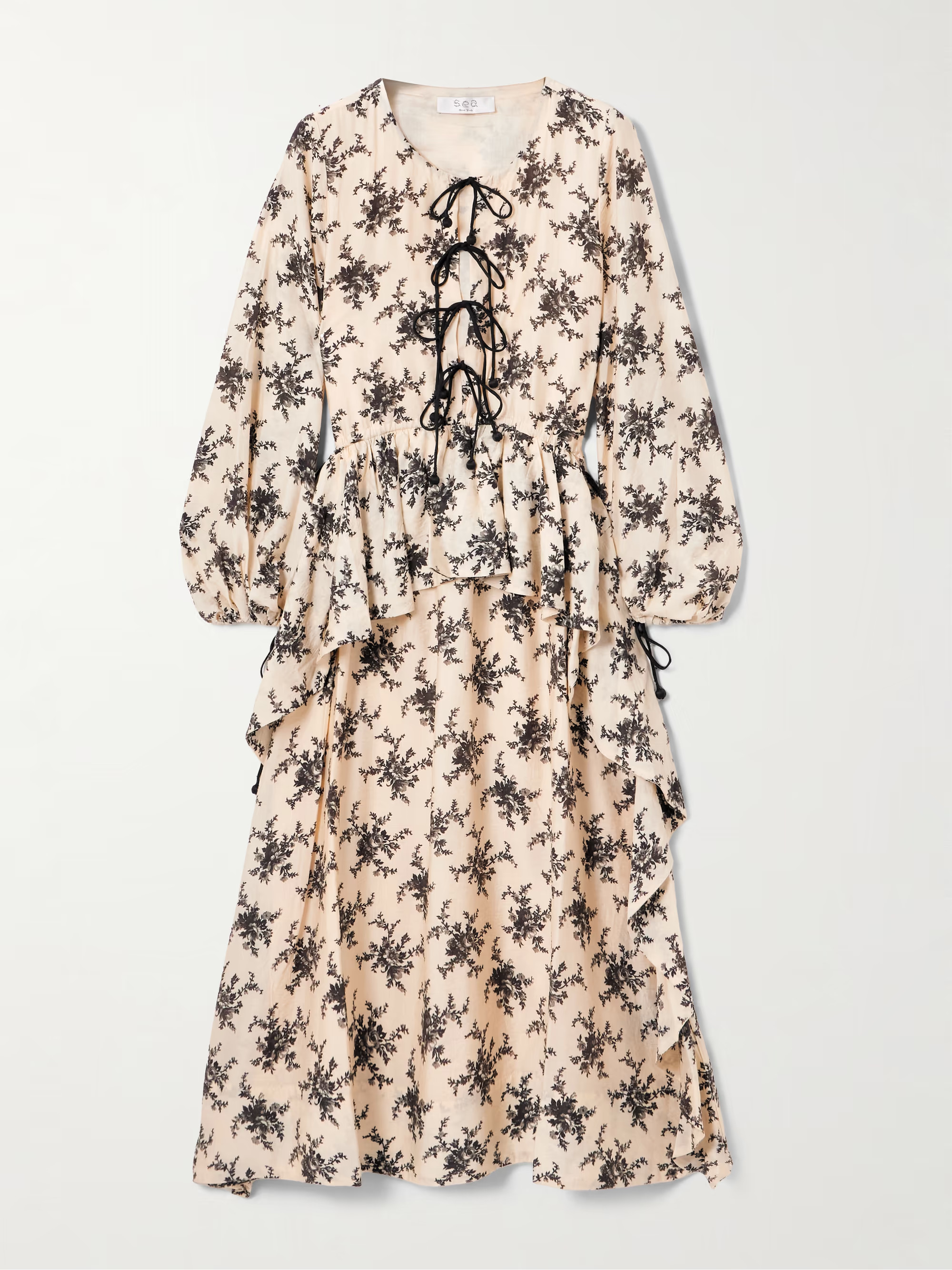 Joan tie-detailed ruffled floral-print voile midi dress | NET-A-PORTER (US)