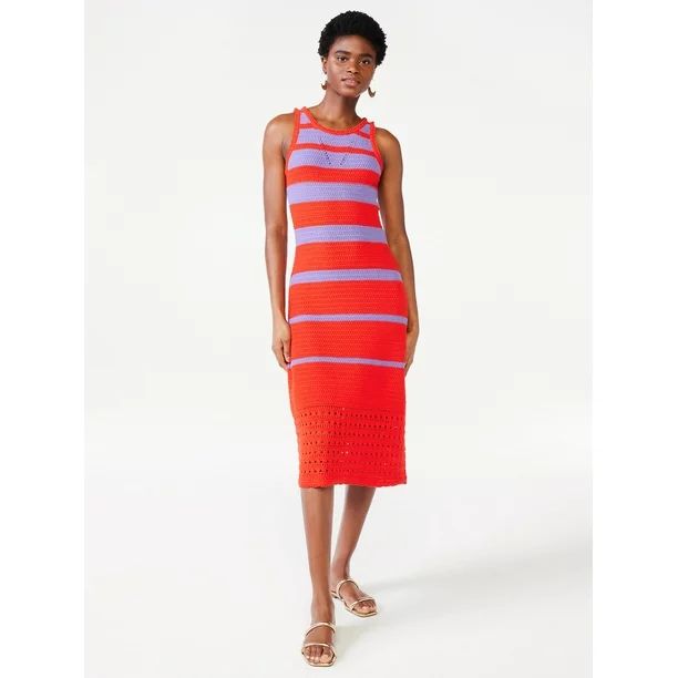 Scoop Women’s Striped Crochet Dress, Mid-Calf Length | Walmart (US)