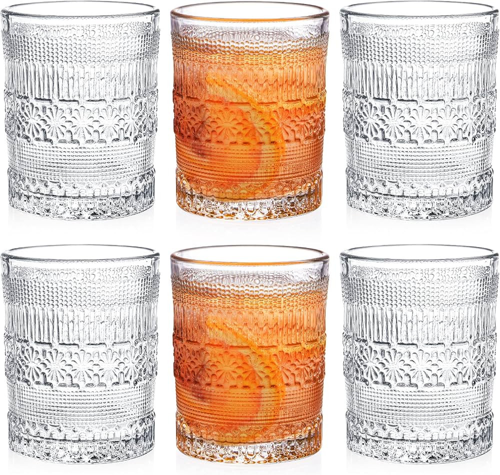Coloch 6 Pack 11 Oz Romanstic Drinking Glasses, Embossed Water Glasses Vintage Heavy Base Whiskey... | Amazon (US)