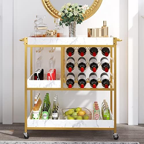 Gold Bar Cart, Bar Carts for The Home with 12 Bottle Wine Rack & Wine Glasses Holder, Home Bar Se... | Amazon (US)