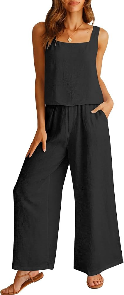 ANRABESS 2 Piece Sets for Women Outfits Lounge Matching Casual Travel Wide Leg Pants Crop Top Sum... | Amazon (US)