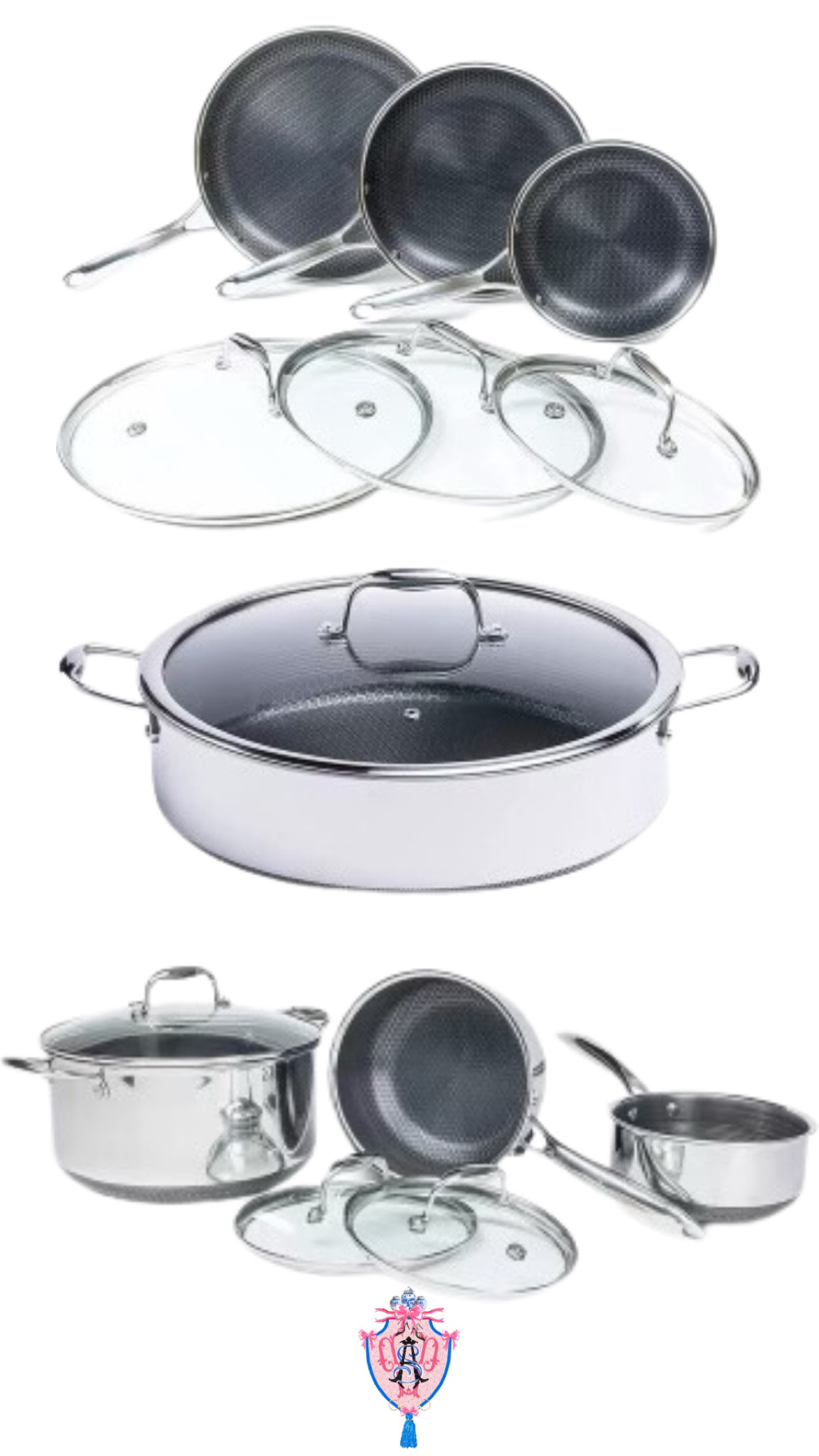 HexClad 6 Piece Hybrid Stainless Steel Cookware Pan Set 8, 10, 12 with  Glass Lids 
