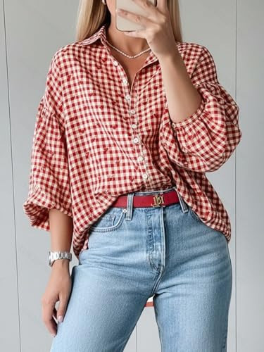 Women's Gingham Heart Print Blouse Oversized Puff Sleeve Button Down Casual Shirt Orange | Amazon (US)