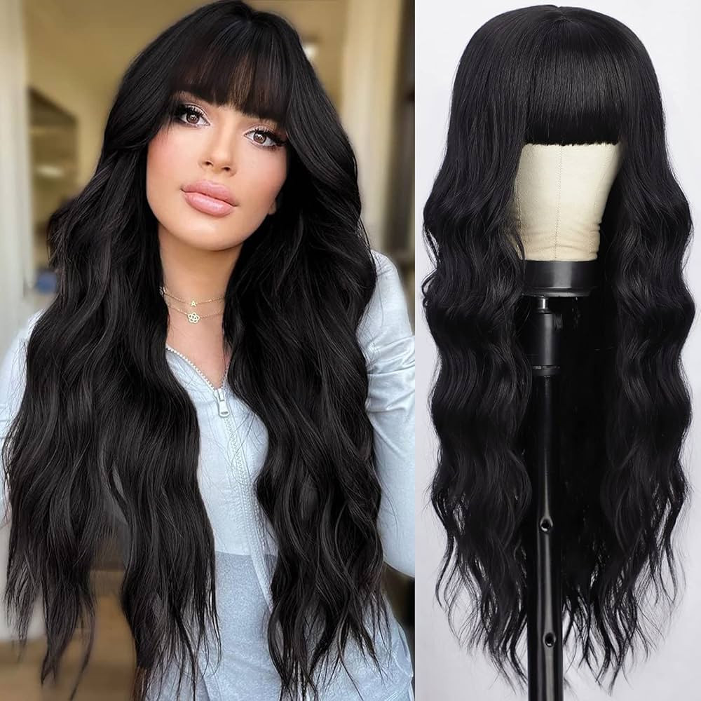 AISI QUEENS Black Wig with Bangs, Long Black Wavy Wigs for Women Synthetic Wigs Natural Black Cur... | Amazon (US)