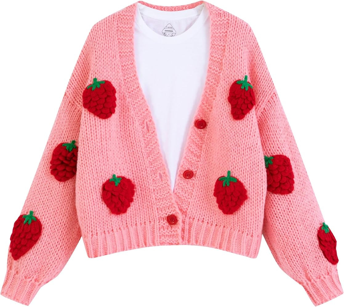 FindThy Women’s Kawaii Strawberry Embroidered Cardigan Long Sleeve V Neck Chunky Knitted Cardig... | Amazon (US)