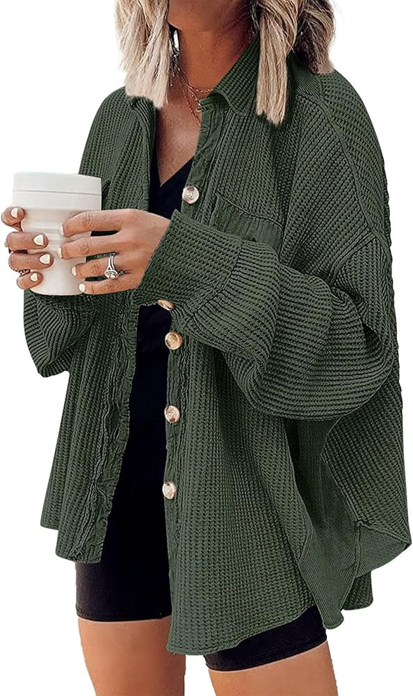 AUTOMET Womens Shacket Jacket Waffle Knit Oversized Button Down Shirts Fall Outfits 2024 Fashion ... | Amazon (US)