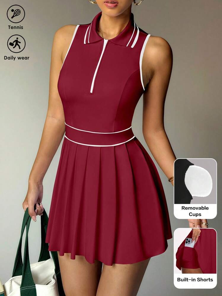 CourtClass Women Striped Zipper Partial Placket Collar Pleated Hem Sleeveless Sports Dress | SHEIN