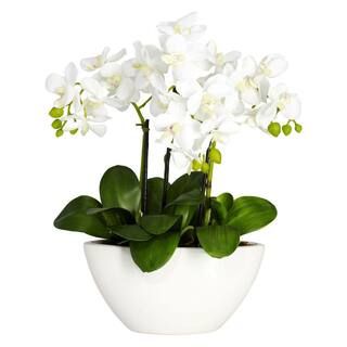 Nearly Natural 16 in. Artificial H White Phalaenopsis Silk Flower Arrangement 4804 - The Home Dep... | The Home Depot