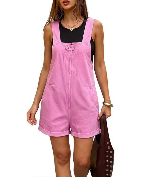 Denim Overall Shorts for Women 2026 Front Zip Closure Cuffed Hem Jean Romper Shortalls with 4 Poc... | Amazon (US)
