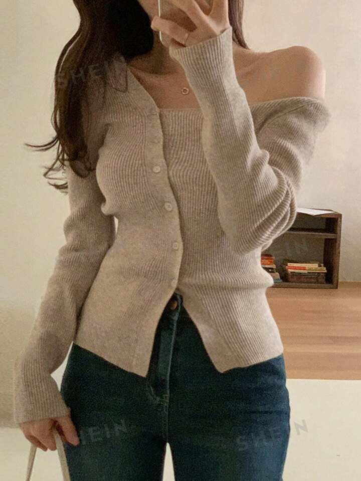 DAZY Solid Button Through Ribbed Knit Cardigan | SHEIN