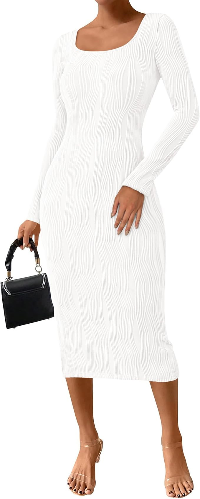 PRETTYGARDEN Women's Dress 2025 Fall Long Sleeve Square Neck Fitted Knit Midi Party Club Slit Bod... | Amazon (US)