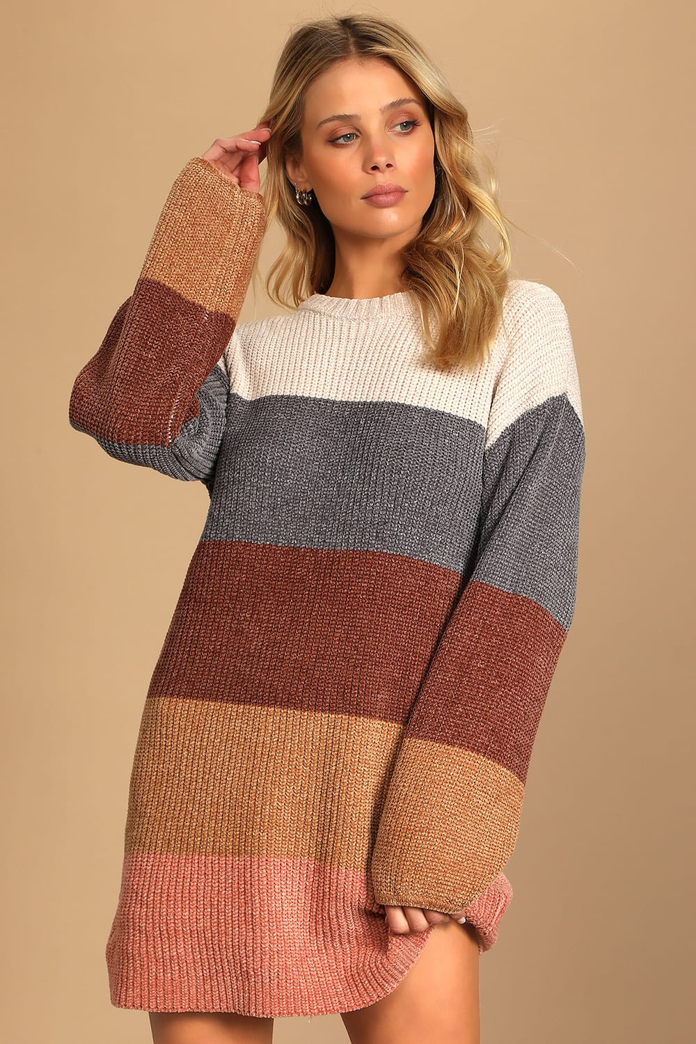 Colors of Autumn Beige Multi Striped Chenille Knit Sweater Dress | Lulus (US)
