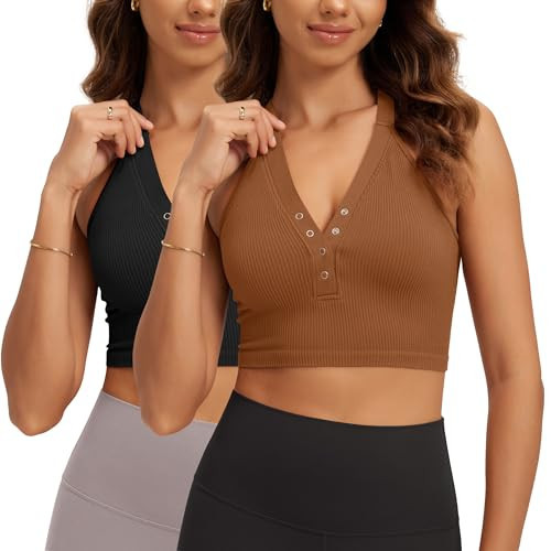 ODODOS 2-Pack Seamless Henley Crop for Women Open Back Ribbed Tank Button-up Cropped Top, Black Clay, X-Large/XX-Large | Amazon (US)