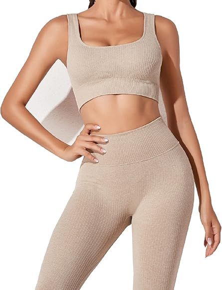 JN JANPRINT Workout Outfits for Women 2 Piece Set Ribbed Seamless Yoga Outfits Crop Top Leggings ... | Amazon (UK)