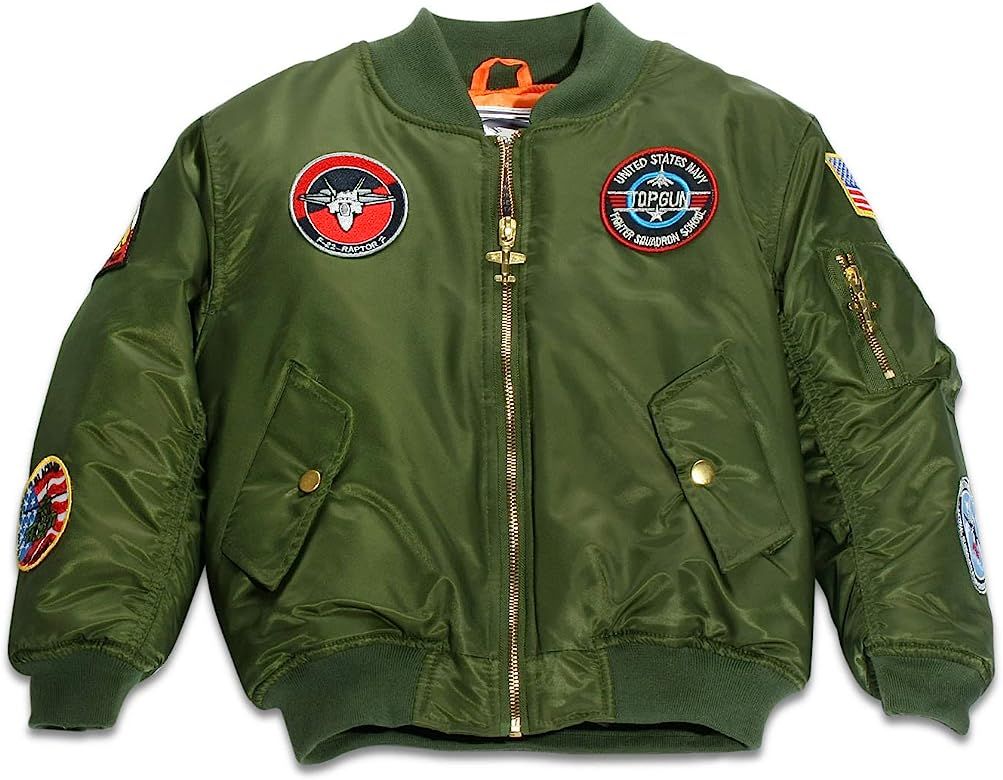 Up and Away Children's Medium-Weight MA-1 Flight Jacket in Green With Seven Patches | Amazon (US)