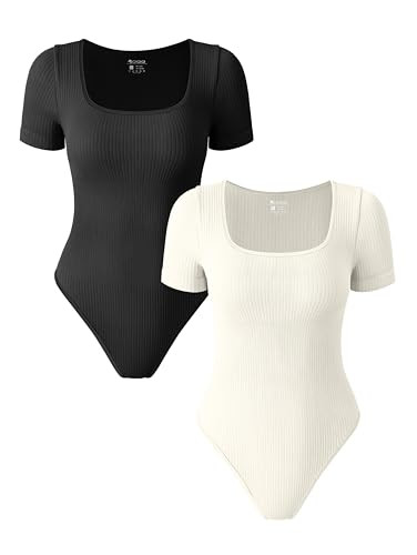 OQQ 2 Piece Bodysuits For Women Sexy Ribbed One Piece Short Sleeve Saquare Neck Bodysuits Black Beige | Amazon (US)