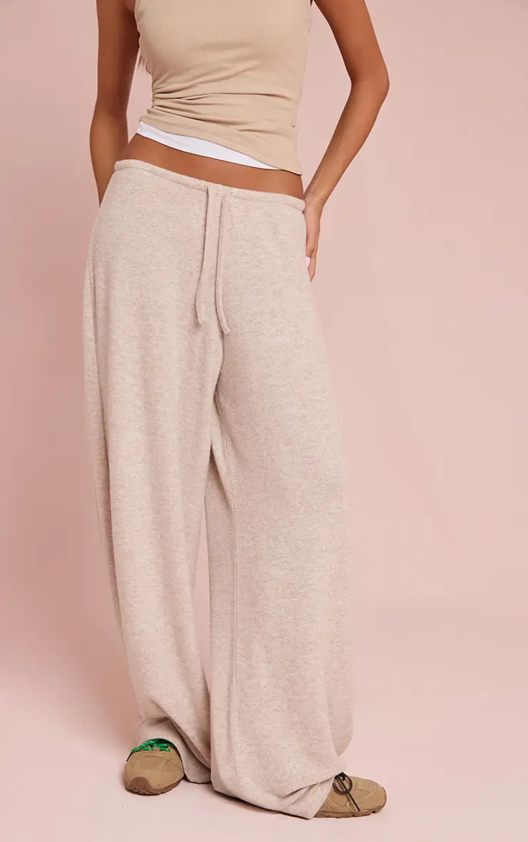 Trousers | Beige Marl Soft Knit Drawstring Trousers | PrettyLittleThing | PrettyLittleThing UK
