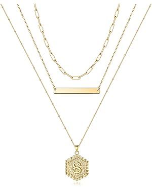 Turandoss Gold Layered Initial Necklaces for Women, 14K Gold Plated Bar Necklace Handmade Layerin... | Amazon (US)