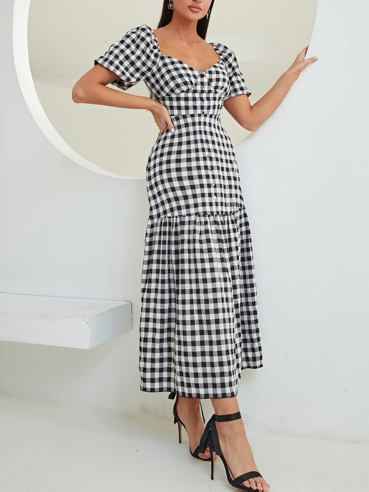 Sweetheart Neck Ruffle Hem Gingham Dress | SHEIN