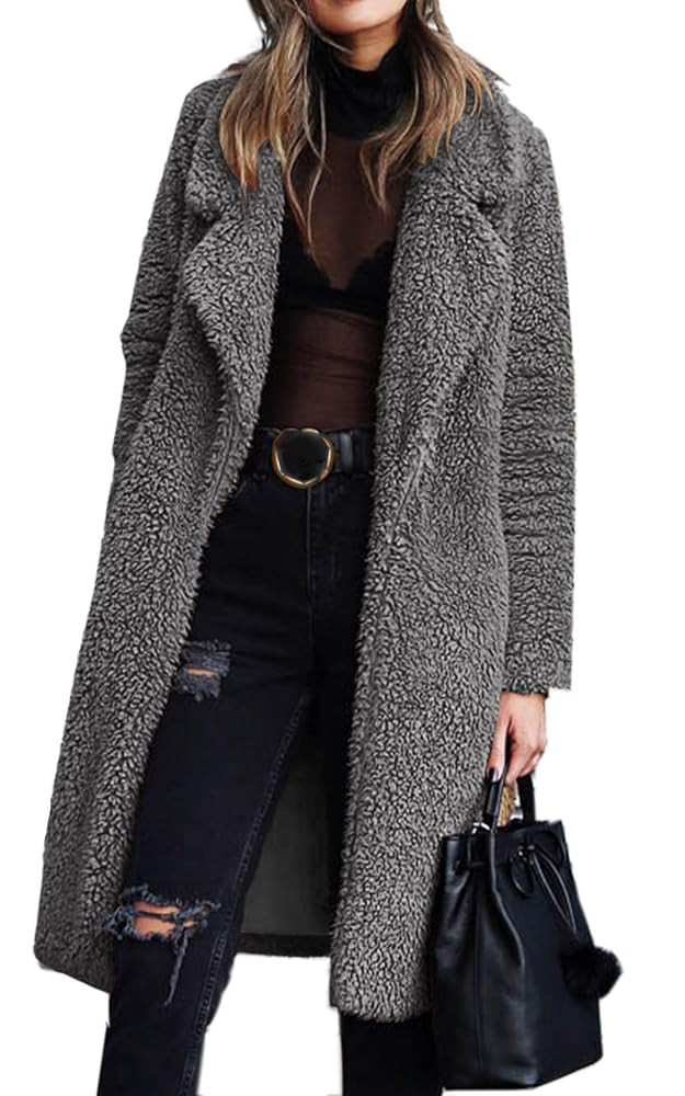 Angashion Women's Fuzzy Fleece Lapel Open Front Long Cardigan Coat Faux Fur Warm Winter Outwear J... | Amazon (US)