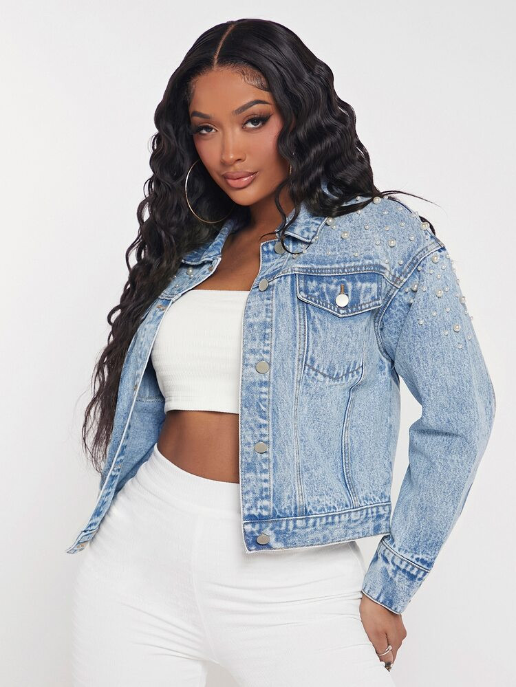 SHEIN SXY Jeansjacke mit Pattentasche, Drop Shoulder Perle | SHEIN