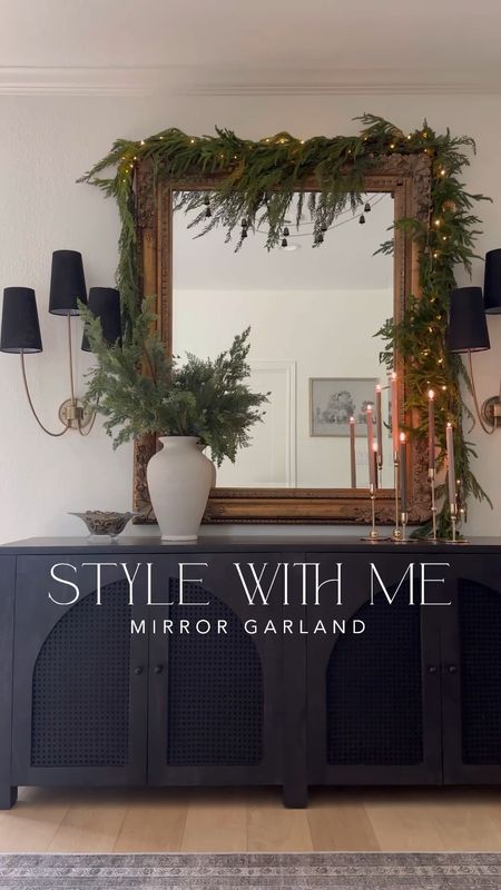Mirror garland and holiday sideboard styling! I found an in stock option for my Norfolk pine garland that has a very similar feel to mine along with similar cedar garlands. And I love these dainty vintage bells layered in!

#LTKVideo #LTKHoliday #LTKSeasonal