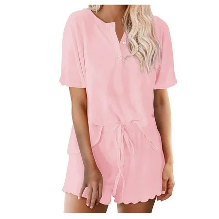 Summer Savings Mrasaso Lounge Sets for Women Solid Color Button Up Pajamas for Women Set Two Piece Outfits for Women Short Sleeve Top and Shorts Pink M | Walmart (US)