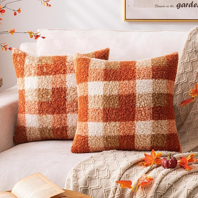AQOTHES Orange Plaid Fall Throw Pillow Covers 18x18 Inch Set of 2, Boucle Decorative Pillow Cover... | Amazon (US)