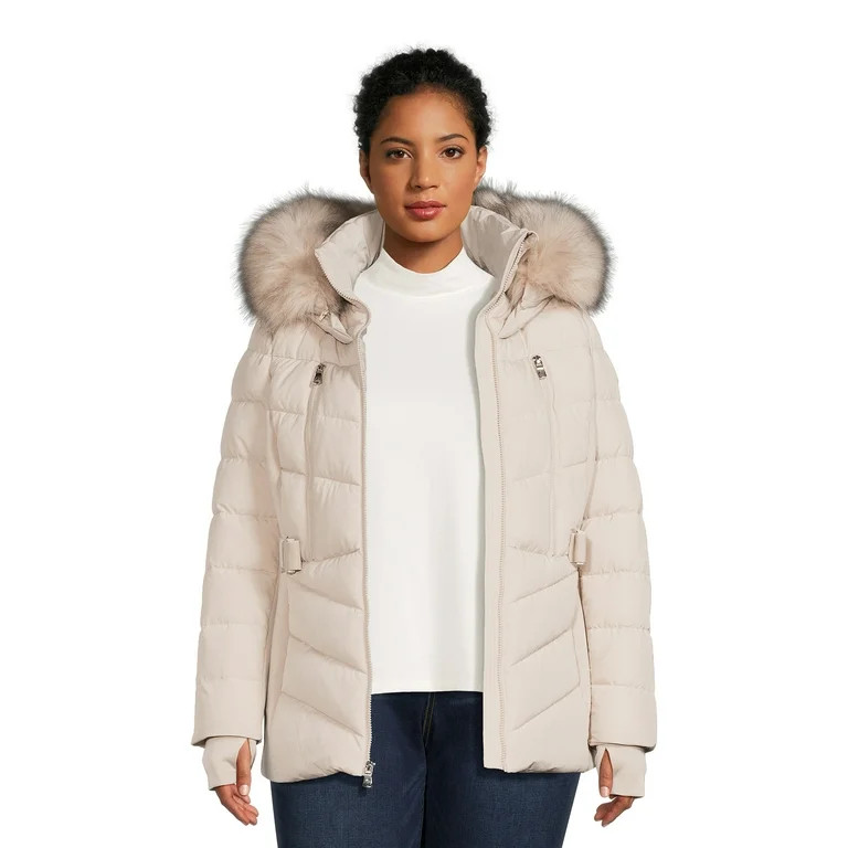 F.O.G. Women's Plus Size Belted Puffer Coat with Faux Fur Hood | Walmart (US)
