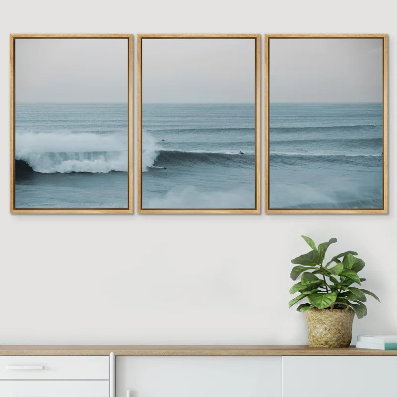 Wide Angle Rushing Ocean Waves And Surfers Framed On Canvas 3 Pieces Print | Wayfair North America