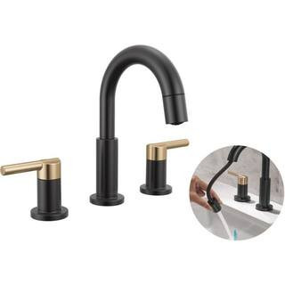 Nicoli Pull-Down Spout 8 in. Widespread Double Handle Bathroom Faucet Drain Included in Matte Black/Champagne Bronze | The Home Depot