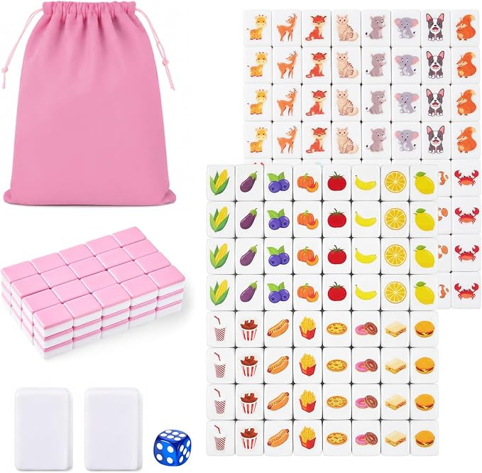 Shinylin 4 Players Mahjong Block Set 130 Pink Tiles with 4 Different Animal, Fruit and Vegetable ... | Amazon (US)