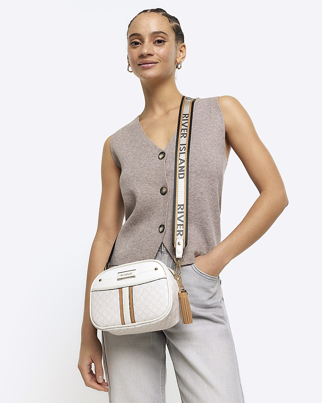 White RI monogram cross body camera bag | River Island (UK & IE)