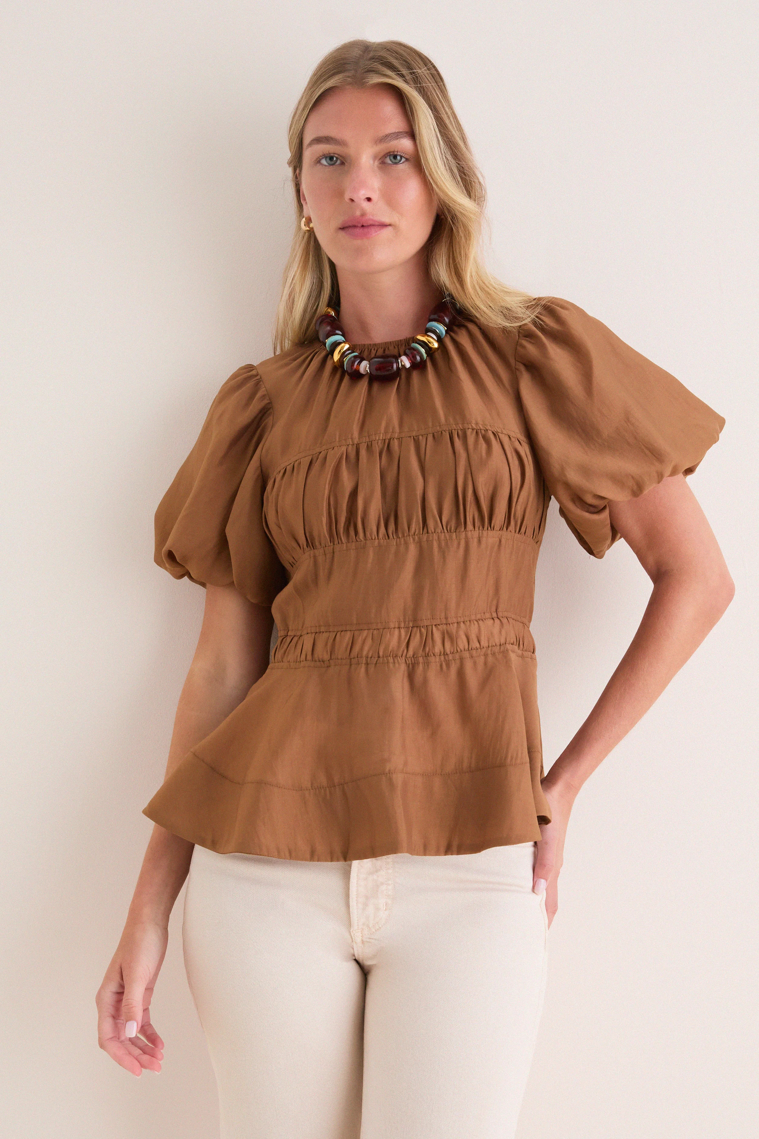 Camel Puff Sleeve Peplum Top | Tuckernuck (US)