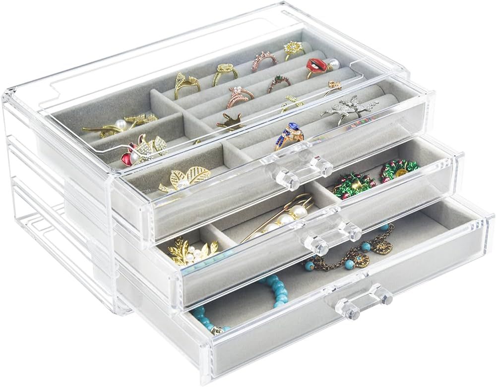 Acrylic Jewelry Box 3 Drawers, Velvet Jewellery Organizer, Earring Rings Necklaces Bracelets Disp... | Amazon (US)