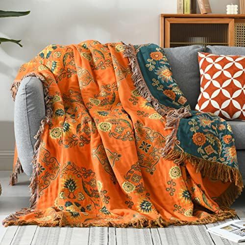 Orange Boho Queen Muslin Blanket, Bohemian Lightweight Blanket for Summer Queen Size, 100% Cotton... | Amazon (US)