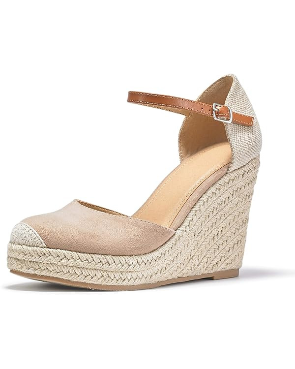 FISACE Womens Summer Espadrille Heel Platform Wedge Sandals Ankle Buckle Strap Closed Toe Shoes | Amazon (US)