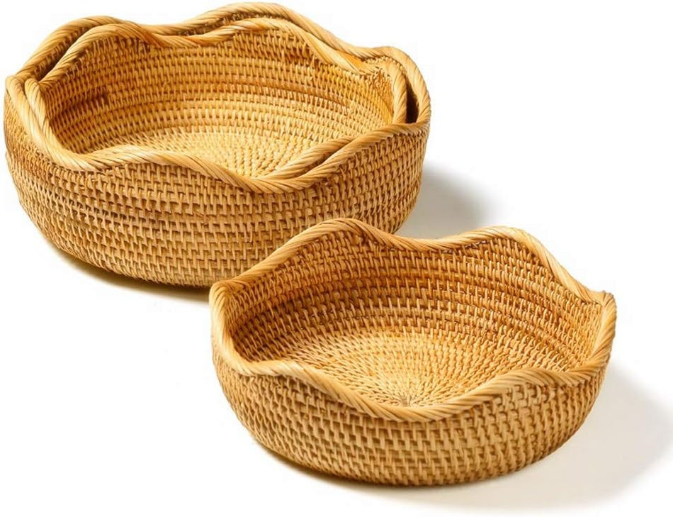 AMOLOLO Handmade Rattan Round Fruit Basket Food Storage Bowls Kitchen Organizer Snack Serving Bow... | Amazon (US)